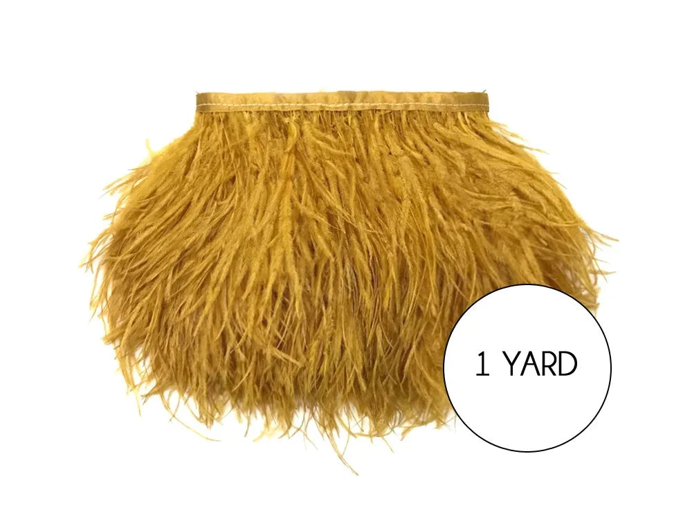 One yard of vibrant mustard yellow ostrich feather trim for crafts and fashion DIY.