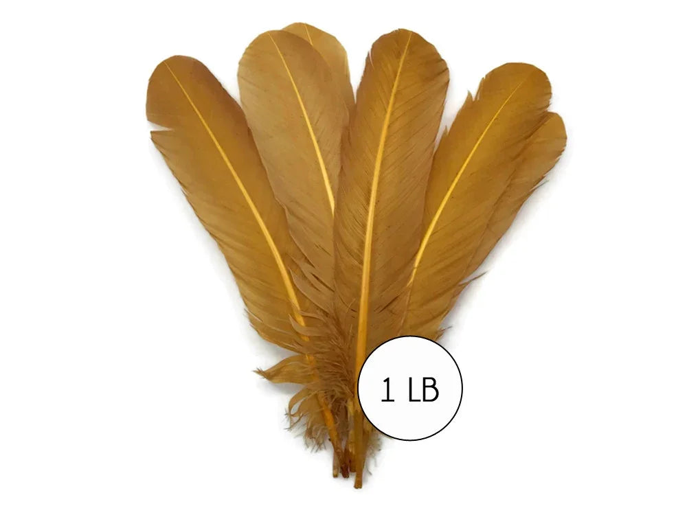 Bundle of large natural tan feathers for crafts and DIY decor, 1 lb weight.