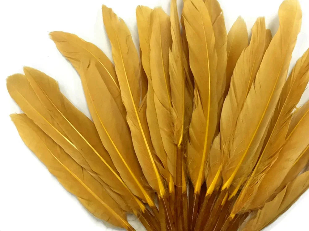 Fan of vibrant golden yellow feathers for DIY crafts and fashion decor.