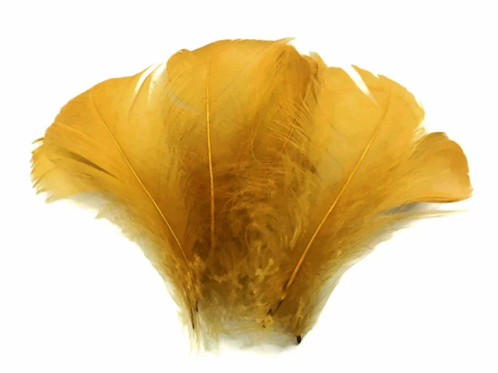 Golden yellow dyed feathers for DIY crafts and fashion accessories.