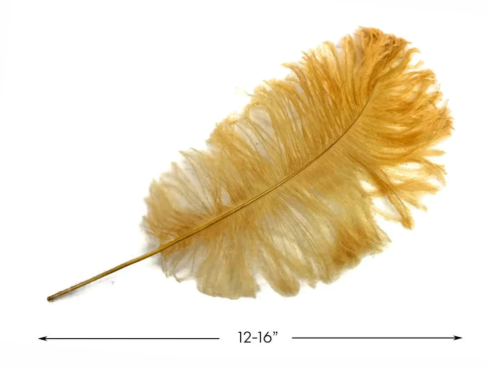 Large golden ostrich feather for crafts and fashion decor, 12-16 inches long.