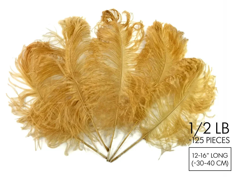 Set of 125 fluffy gold ostrich feathers for crafts and fashion decor, 12-16 inches long.