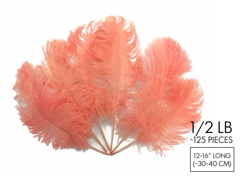 Peach ostrich feathers for crafts and fashion decor, 12-16 inches long.