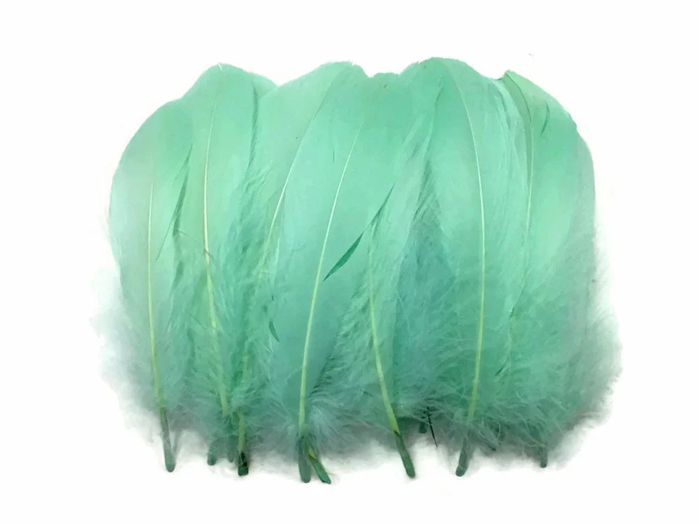 Soft mint green craft feathers for DIY fashion and decor accessories.