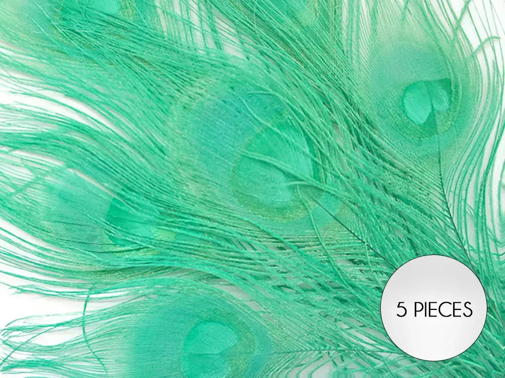 Five vibrant teal dyed peacock feathers for DIY crafts and fashion decor.