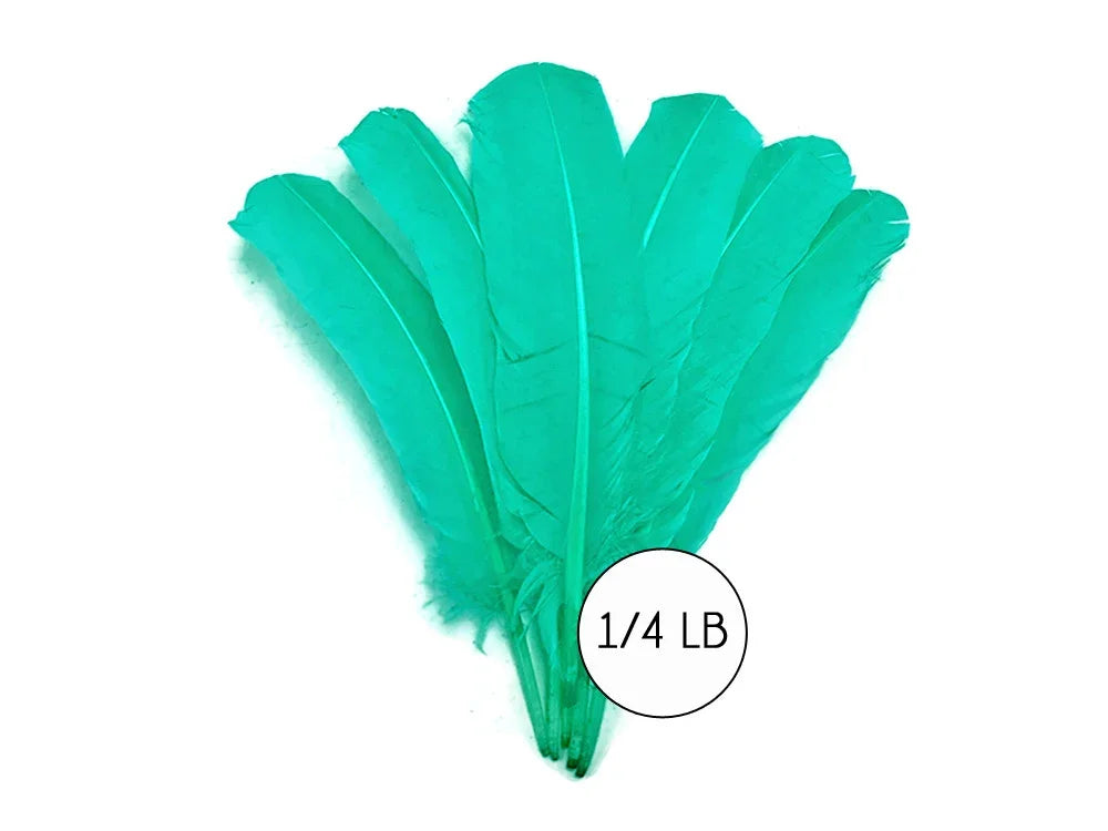 Vibrant teal dyed feathers for crafts and fashion decor, 1/4 lb pack.