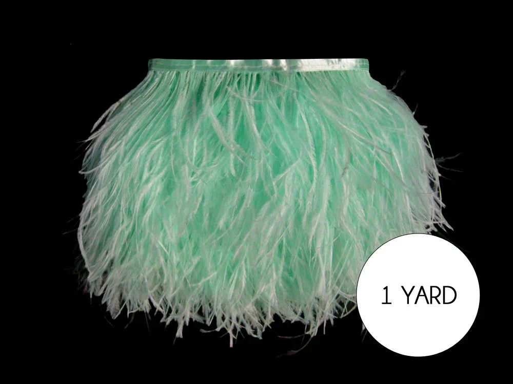 Mint green ostrich feather trim for crafts and fashion DIY supplies.