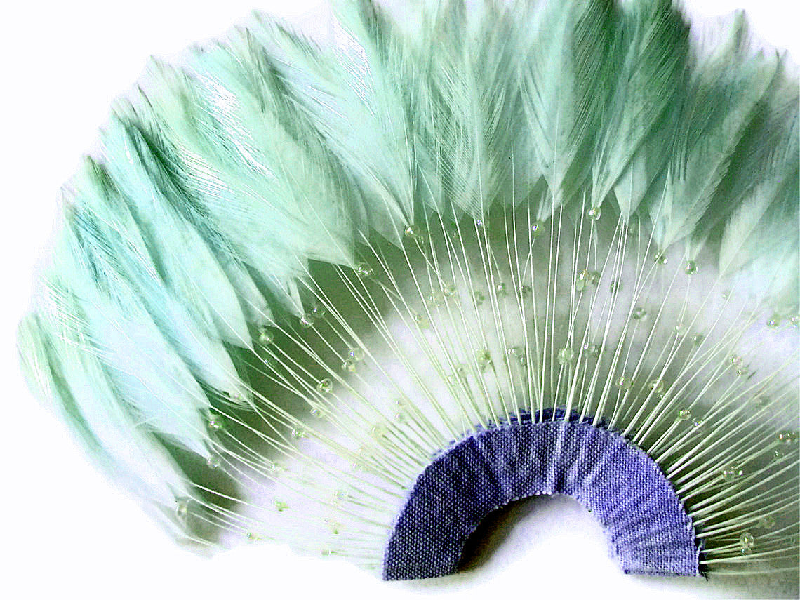 1 Piece - Aqua Half Beaded Pinwheel Stripped Rooster Hackle Feather Pads