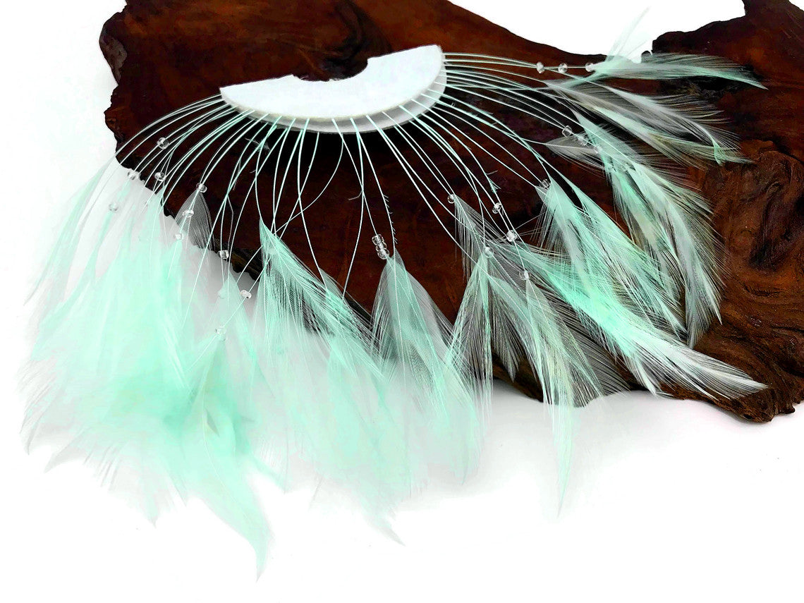 1 Piece - Aqua Half Beaded Pinwheel Stripped Rooster Hackle Feather Pads