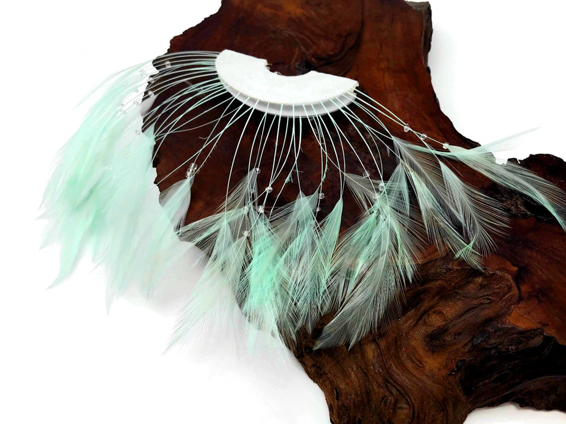 1 Piece - Aqua Half Beaded Pinwheel Stripped Rooster Hackle Feather Pads