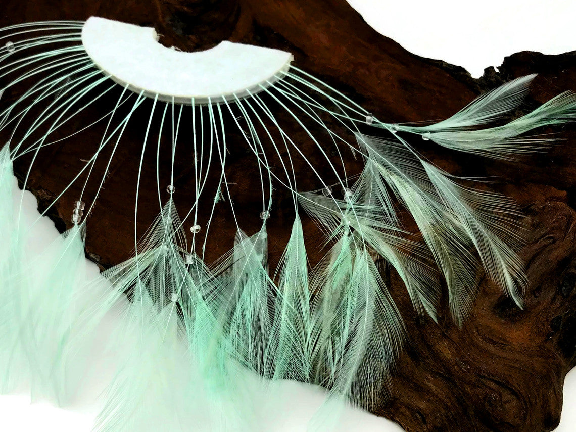1 Piece - Aqua Half Beaded Pinwheel Stripped Rooster Hackle Feather Pads