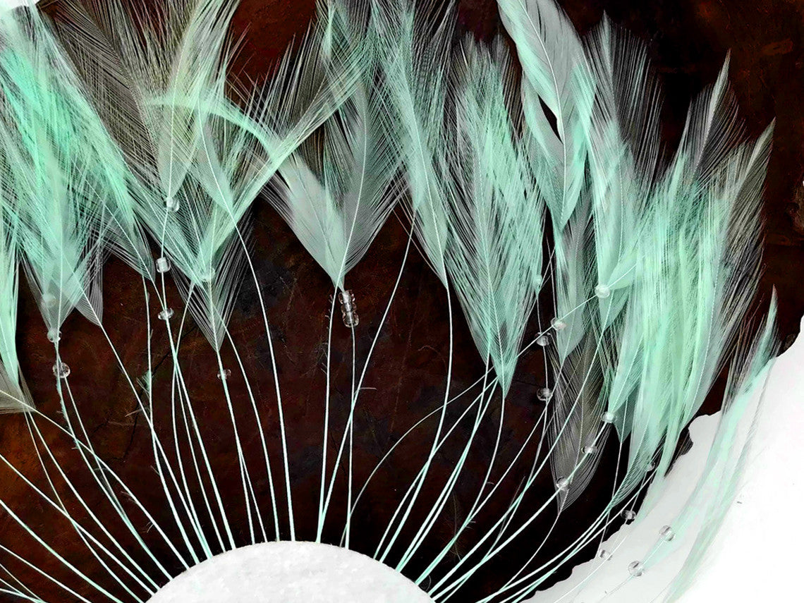1 Piece - Aqua Half Beaded Pinwheel Stripped Rooster Hackle Feather Pads