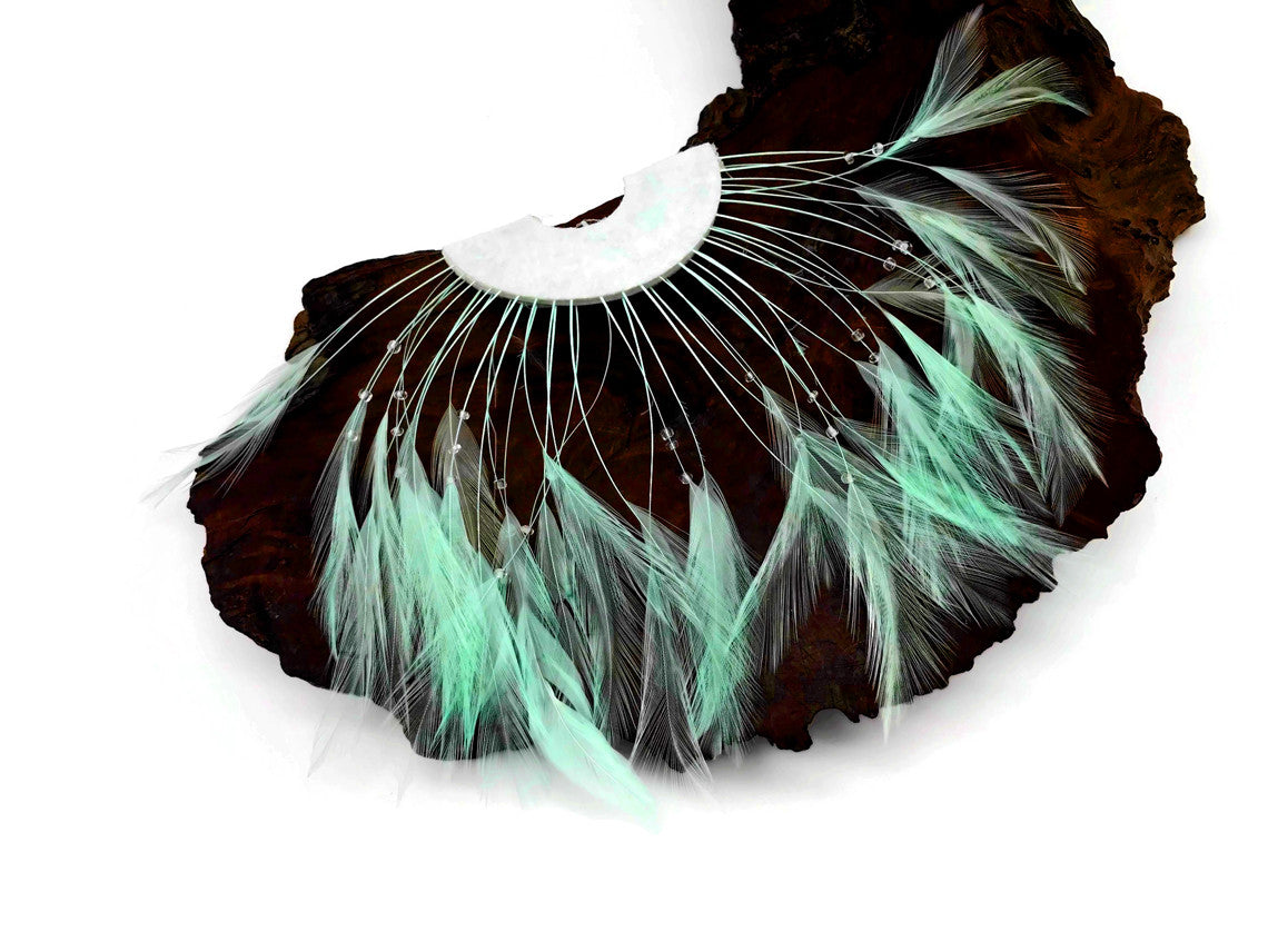 1 Piece - Aqua Half Beaded Pinwheel Stripped Rooster Hackle Feather Pads