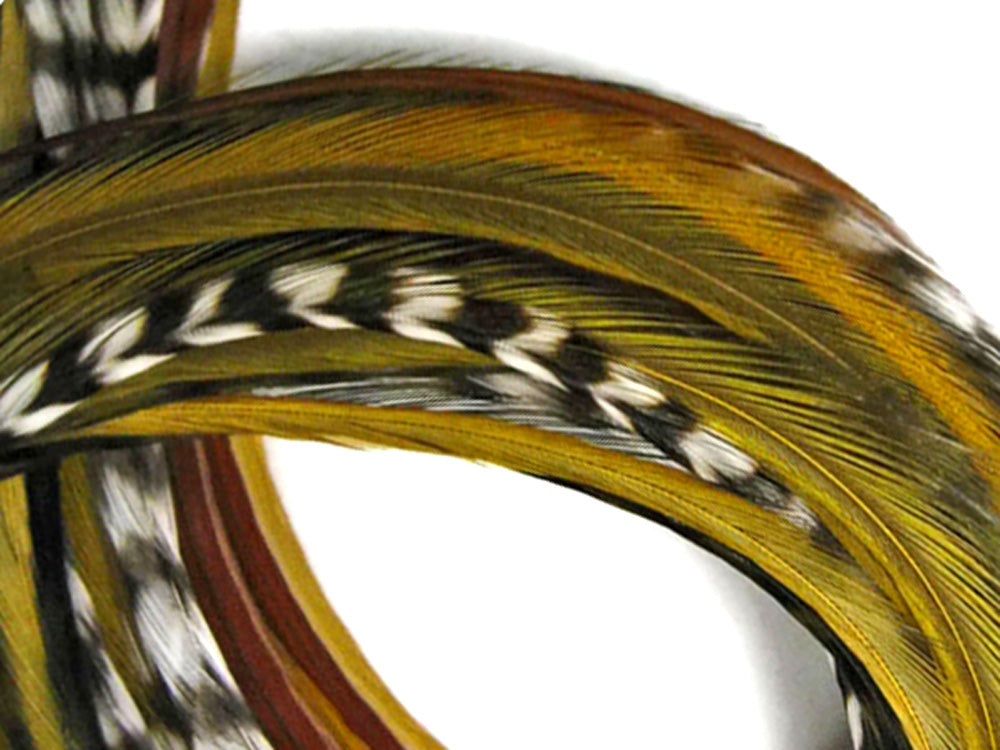 12 Strands - Army Mix Thin Long Grizzly Whiting Farm Rooster Salon Hair Extension Feathers