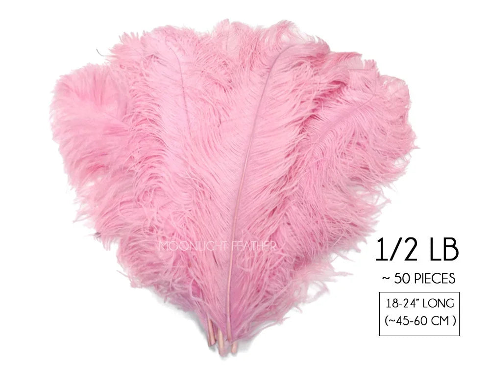 Bundle of 50 soft pink ostrich feathers, 18-24 inches long, for crafts and fashion decor.