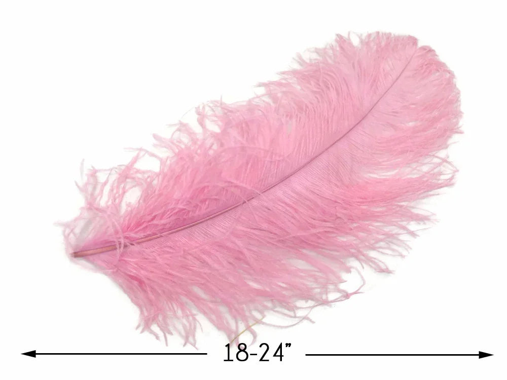 Large pink ostrich feather for crafts and fashion decor, 18-24 inches long.
