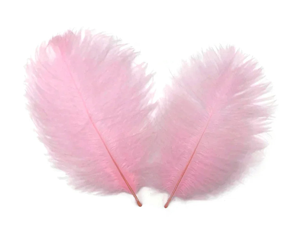 Two soft pink ostrich feathers for DIY crafts and fashion decor on a white background.