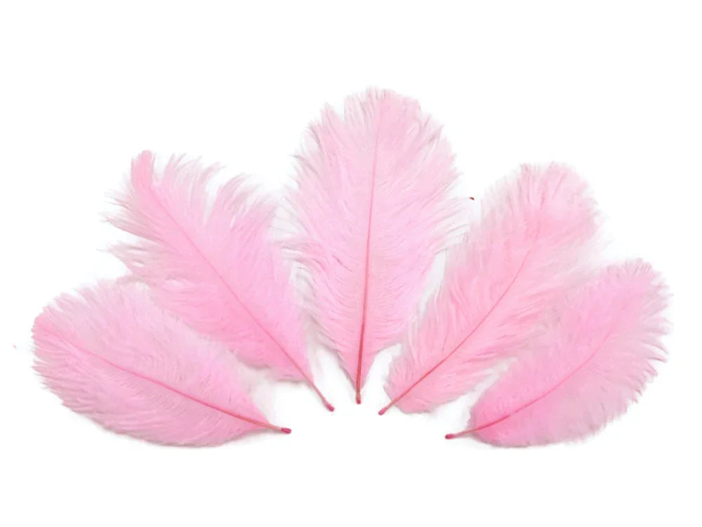 Five soft pink ostrich feathers arranged in a fan shape on a white background.
