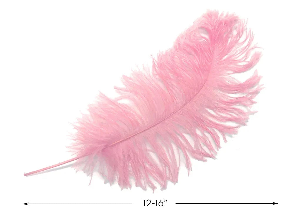 Soft pink ostrich feather for crafts and fashion decor, 12-16 inches long.