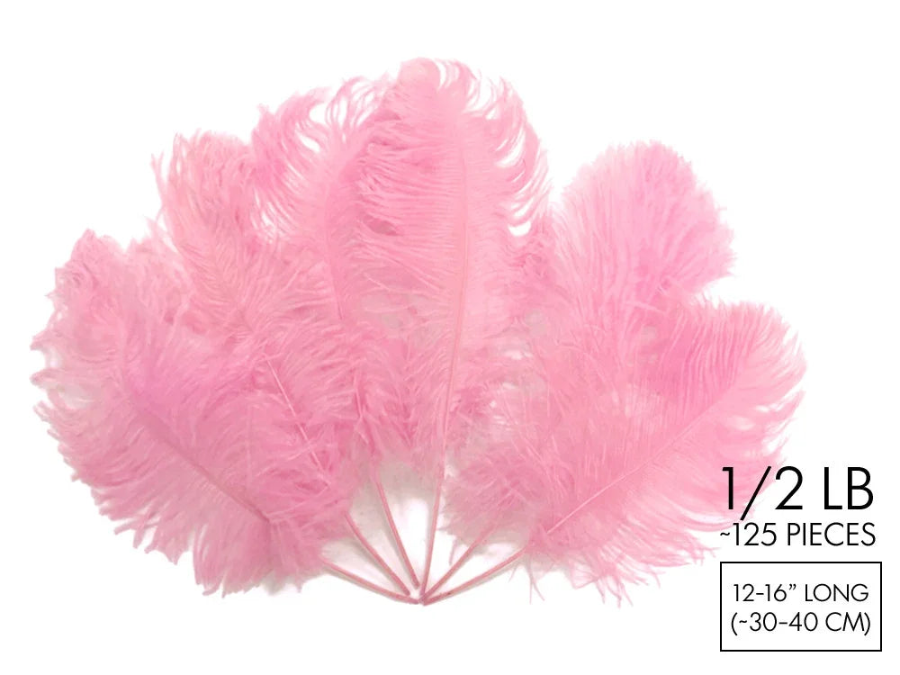 Bundle of 125 soft pink ostrich feathers for crafts and fashion decor, 12-16 inches long.