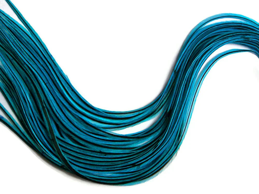 Vibrant blue and turquoise dyed feathers for craft and fashion DIY projects.