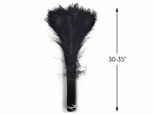 50 Pieces - 30-35" Black Bleached & Dyed Peacock Tail Eye Wholesale Feathers (Bulk)