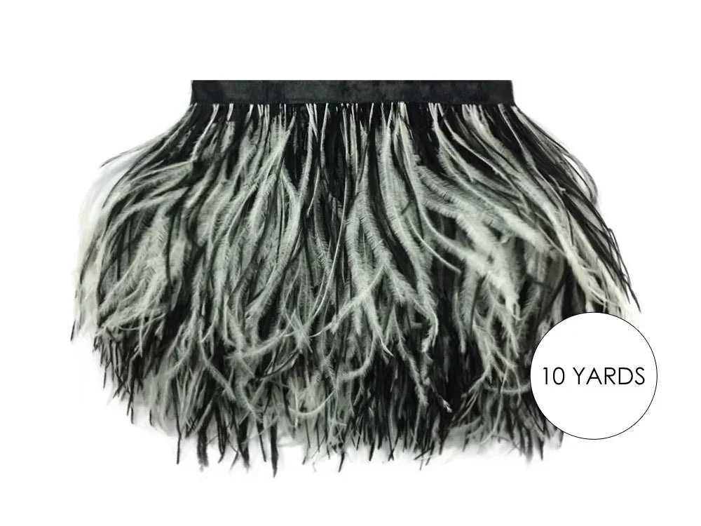 Black and white ostrich feathers trim for fashion and DIY crafts, 10 yards roll.