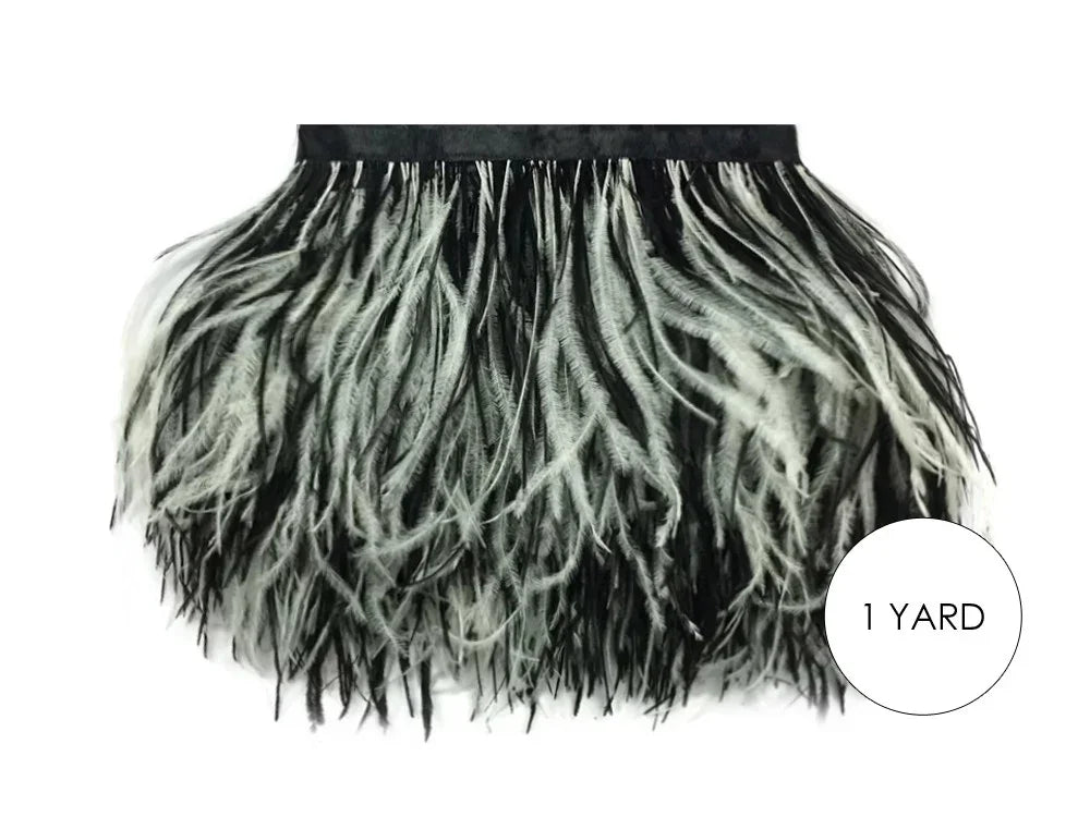 Black and white ostrich feather trim for fashion and DIY crafts, 1 yard length.