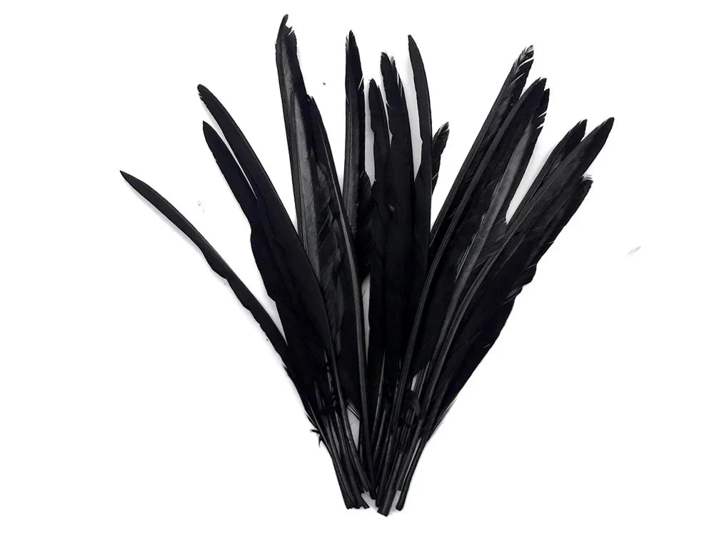 Bundle of long black feathers for DIY crafts and fashion accessories.