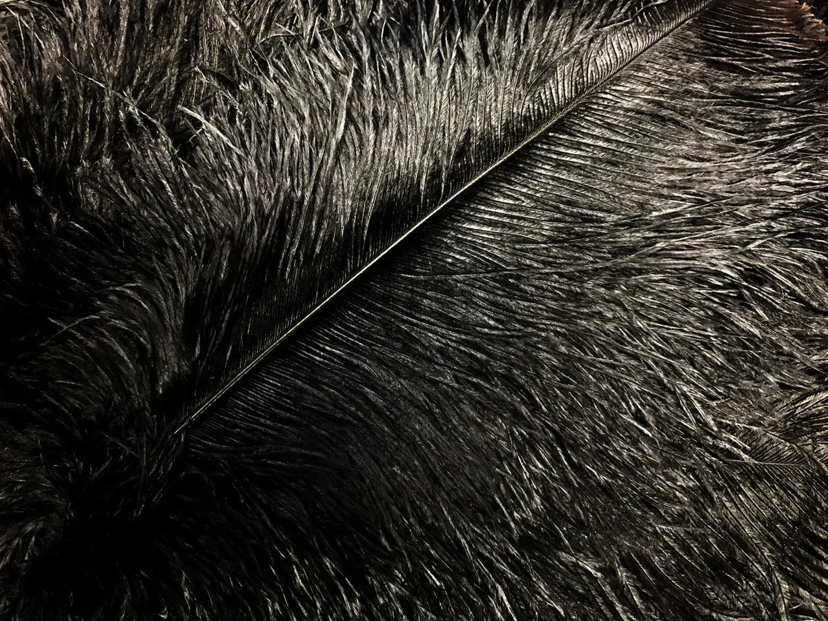 Close-up texture of iridescent black feathers for fashion and craft DIY supplies.