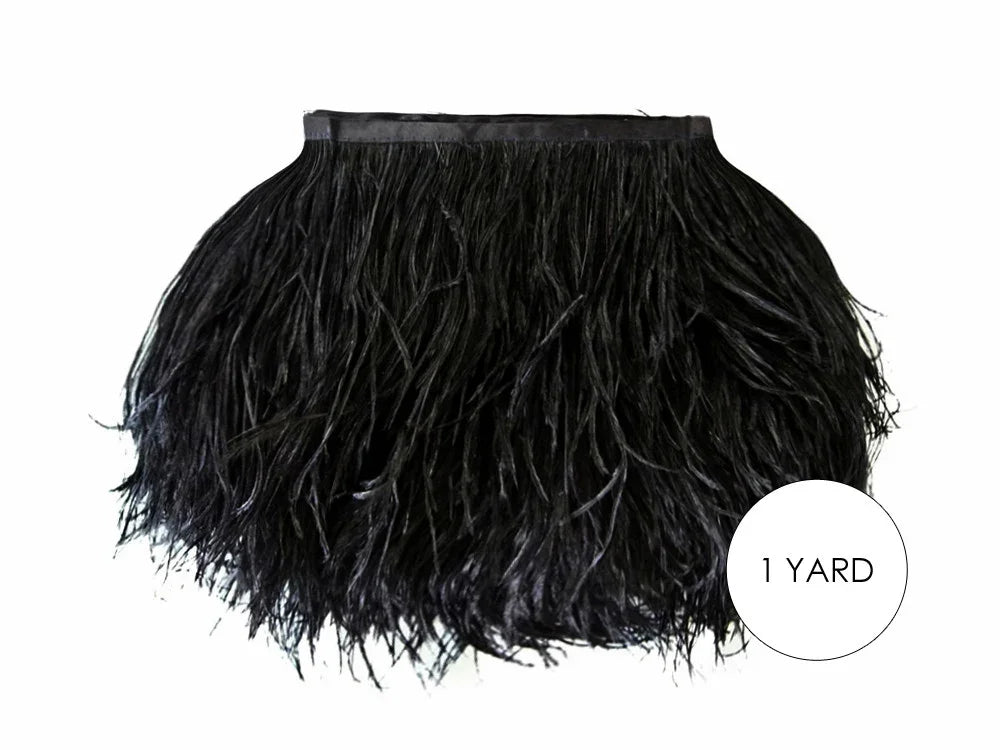One yard of black ostrich feather trim for fashion and DIY crafts.