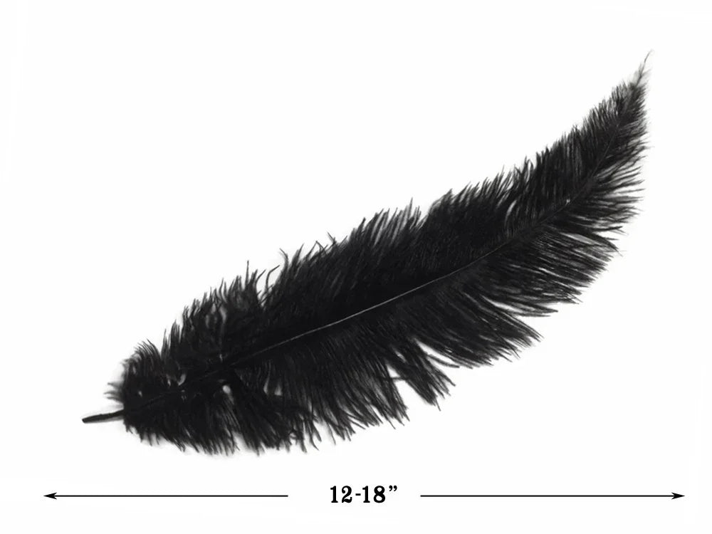 Large black ostrich feather for crafts and fashion decor, 12-18 inches long.