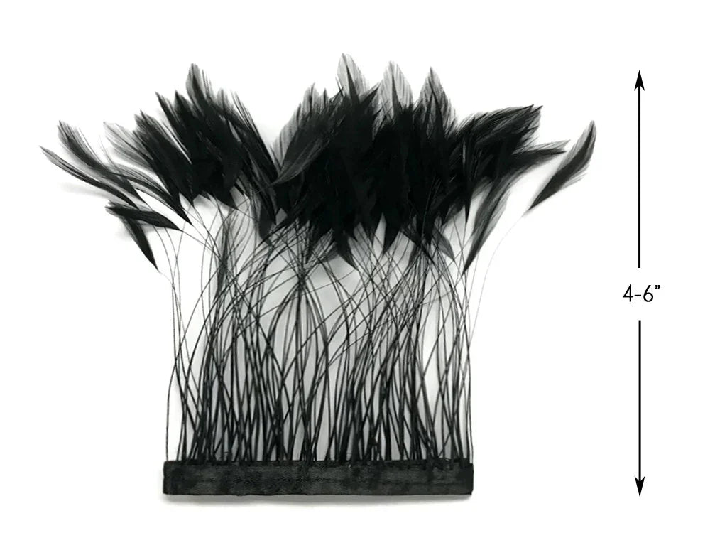 Black feather trim with 4-6 inch height on a fabric band for fashion and crafts