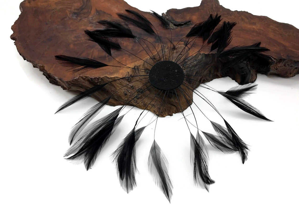 1 Piece - Black Whole Beaded Pinwheel Stripped Rooster Hackle Feather Plates