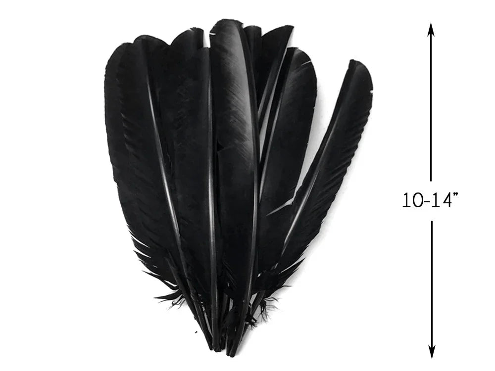 Bundle of long black craft feathers, 10-14 inches in length for DIY fashion and decor.
