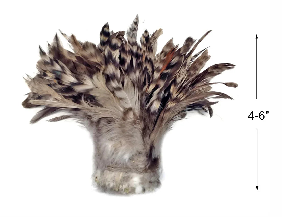Spotted brown and white craft feathers, 4-6 inches in length for DIY fashion and décor.