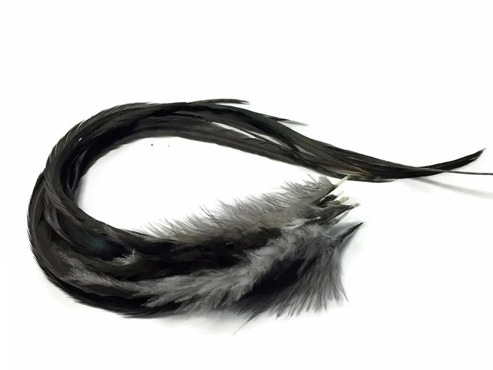 Long black and grey decorative feathers for crafts and fashion DIY supplies.