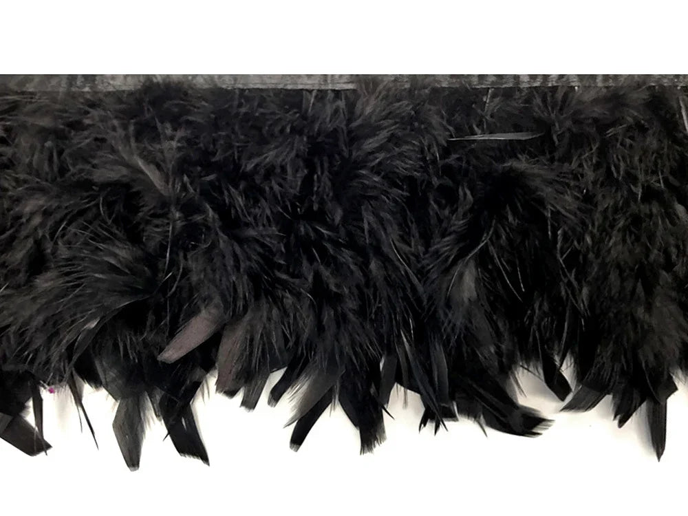 Black feather boa trim for fashion, DIY crafts, and costume decoration.