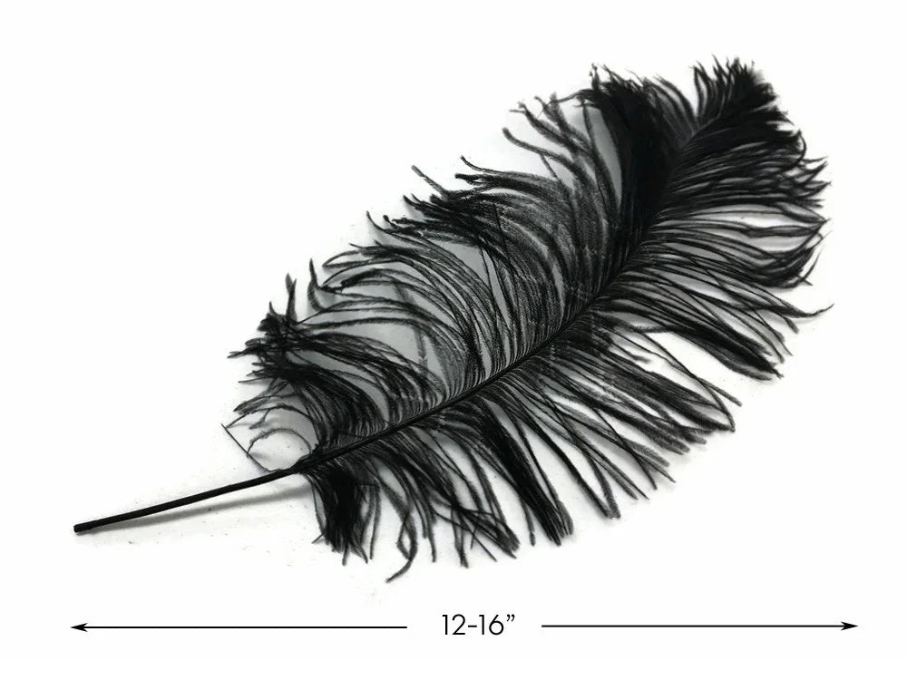 Single large black feather for crafts and fashion decor, 12-16 inches long.