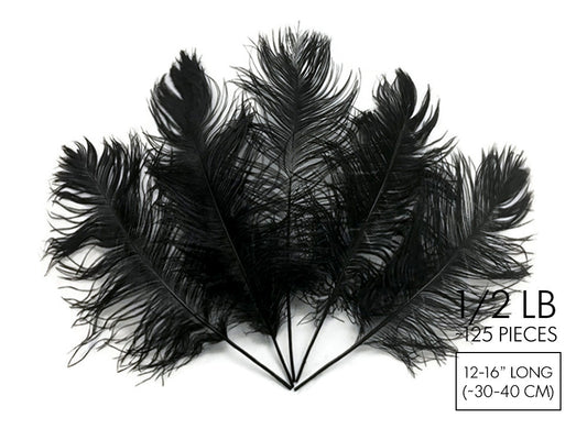 1/2 Lb - 12-16" Black Ostrich Tail Wholesale Fancy Feathers (Bulk)
