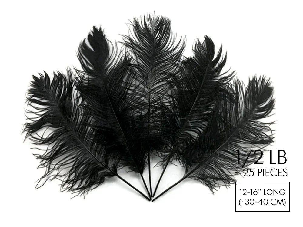 Bundle of 125 black ostrich feathers, 12-16 inches long, for DIY crafts and fashion decor.