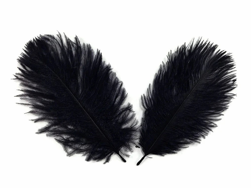 Two large black ostrich feathers for DIY crafts and fashion accessories on a white background.