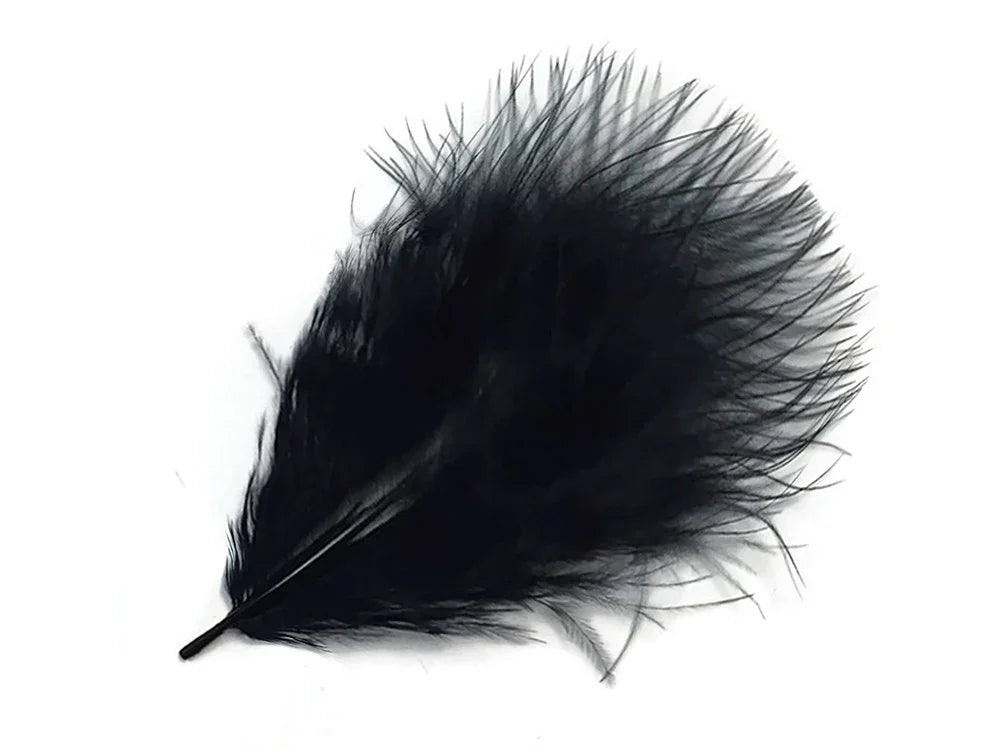 Single soft black feather for DIY crafts and fashion décor on a white background.