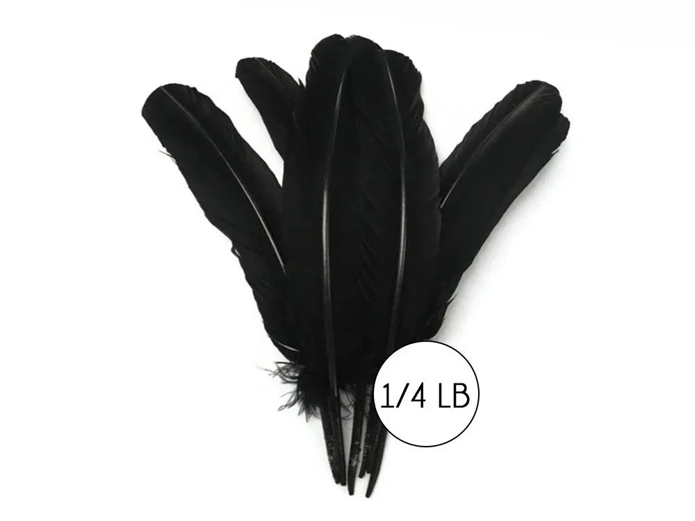 Bundle of large black craft feathers for DIY fashion and decor projects.