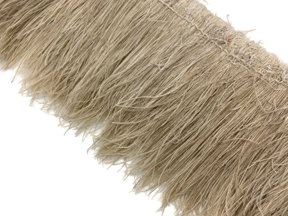 Natural beige feather trim fringe for DIY crafts and fashion accessories.