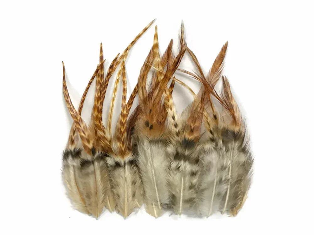 Natural brown and white patterned craft feathers for DIY fashion and décor.