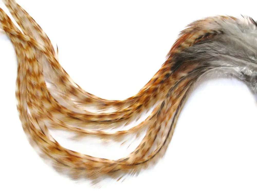 Natural brown and tan patterned feathers for DIY crafts and fashion decor.
