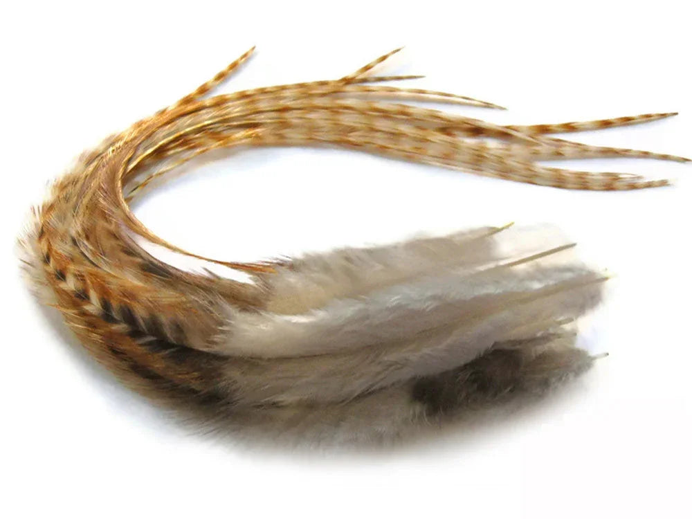 Natural brown and white patterned feathers for DIY crafts and fashion decor.