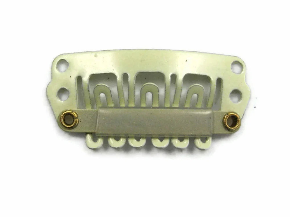 White plastic clip-on hair extension base with metal eyelets for craft and hair DIY supplies.