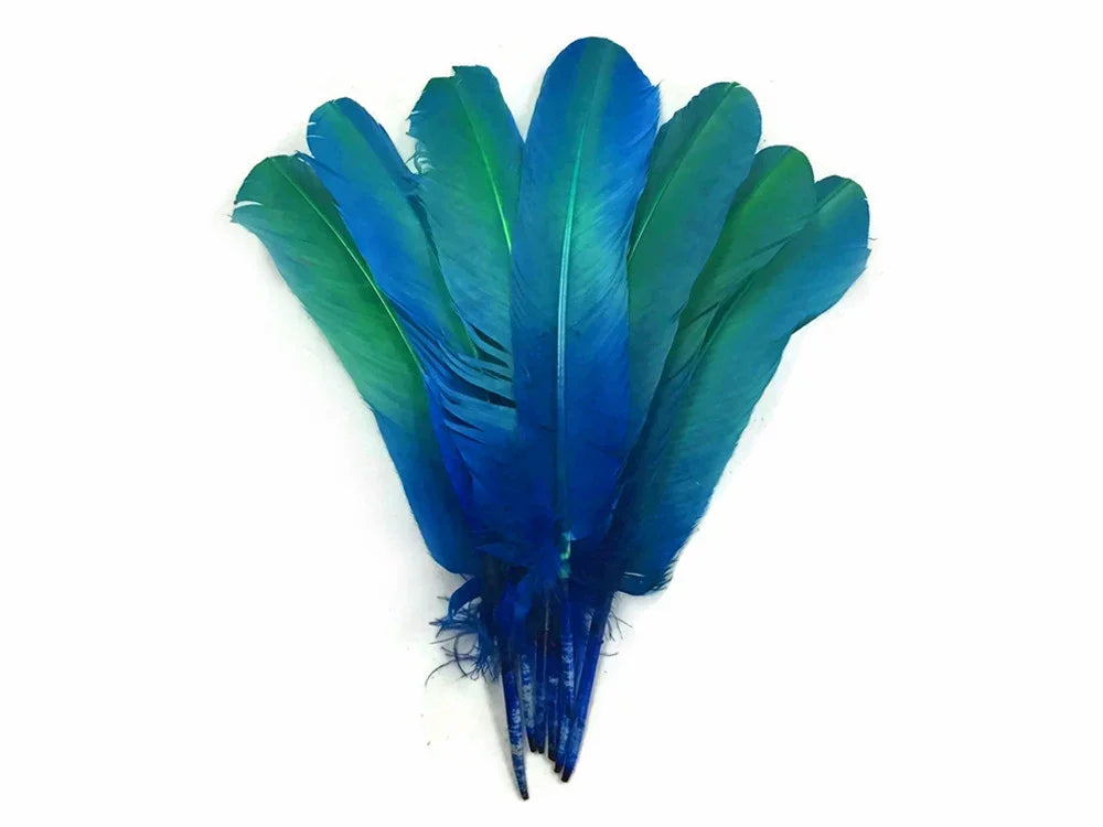 Vibrant blue and green dyed feathers for crafts and fashion DIY supplies.